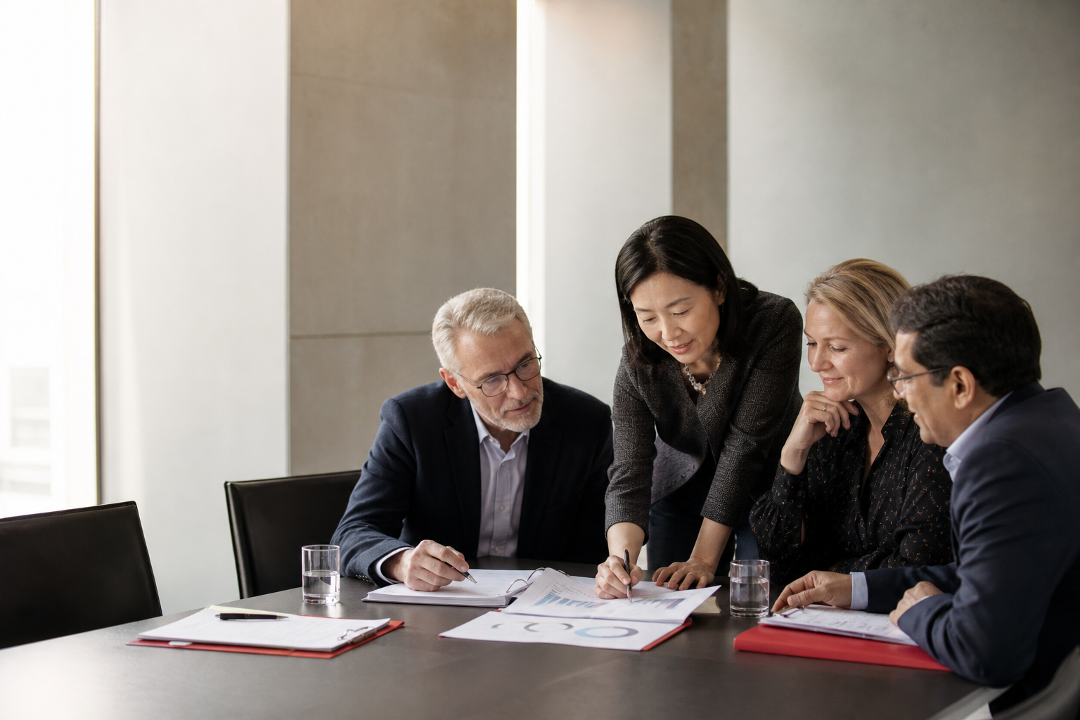 Higher education leaders reviewing quality evidence and institutional priorities